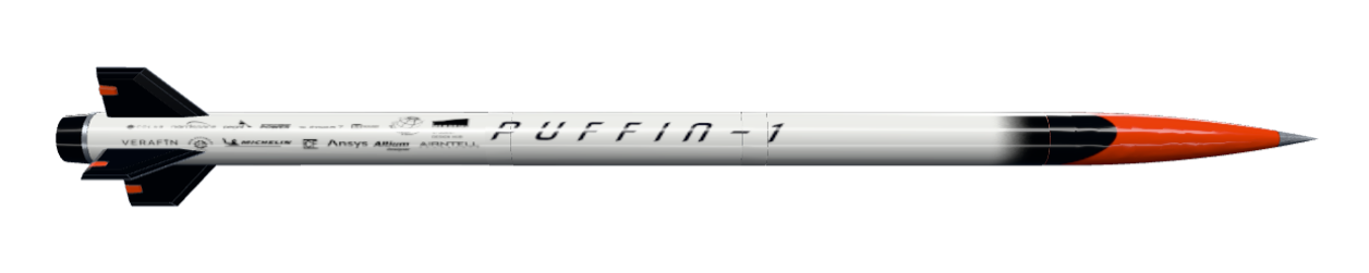 Puffin-1 with its orange nose cone, white body, sponsor decals and black fins