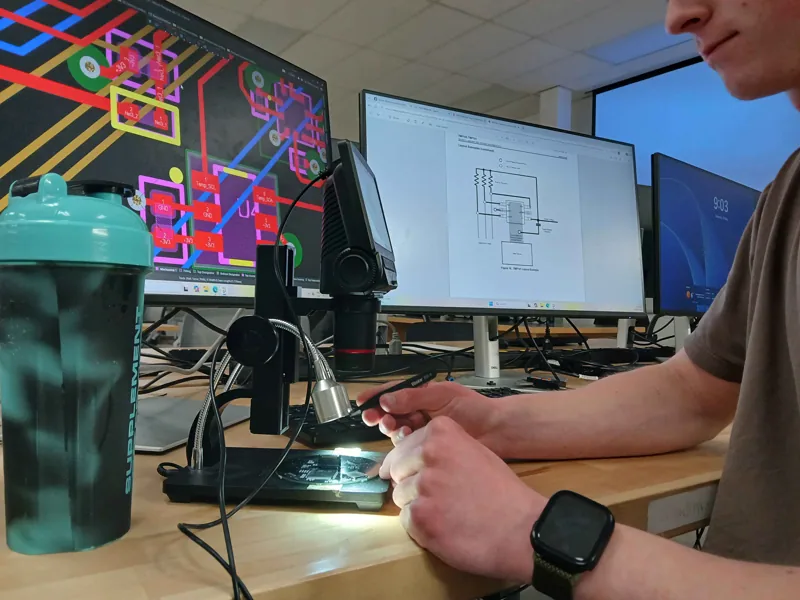 Team member soldering at a workbench with the board layout on a monitor